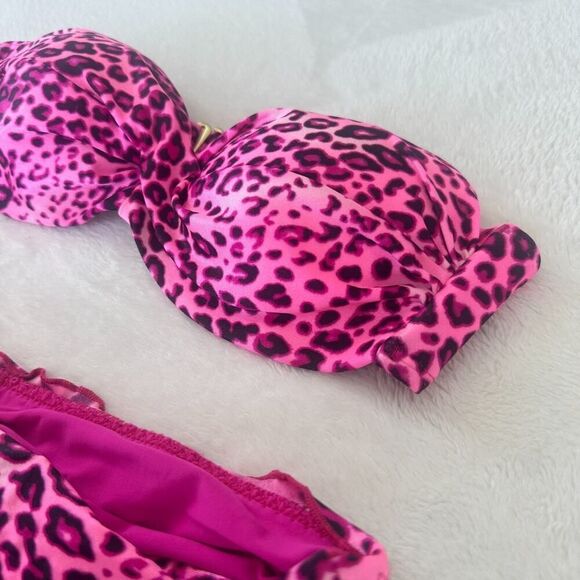 Luli Fama Bikini Pink Leopard Bandeau Push Up Top Ruched Brazilian Bottom - Picture 2 of 10